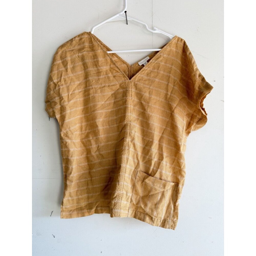 Garnet Hill V-Neck Linen Top Womens M Orange Yellow Striped Boxy Relaxed Fit